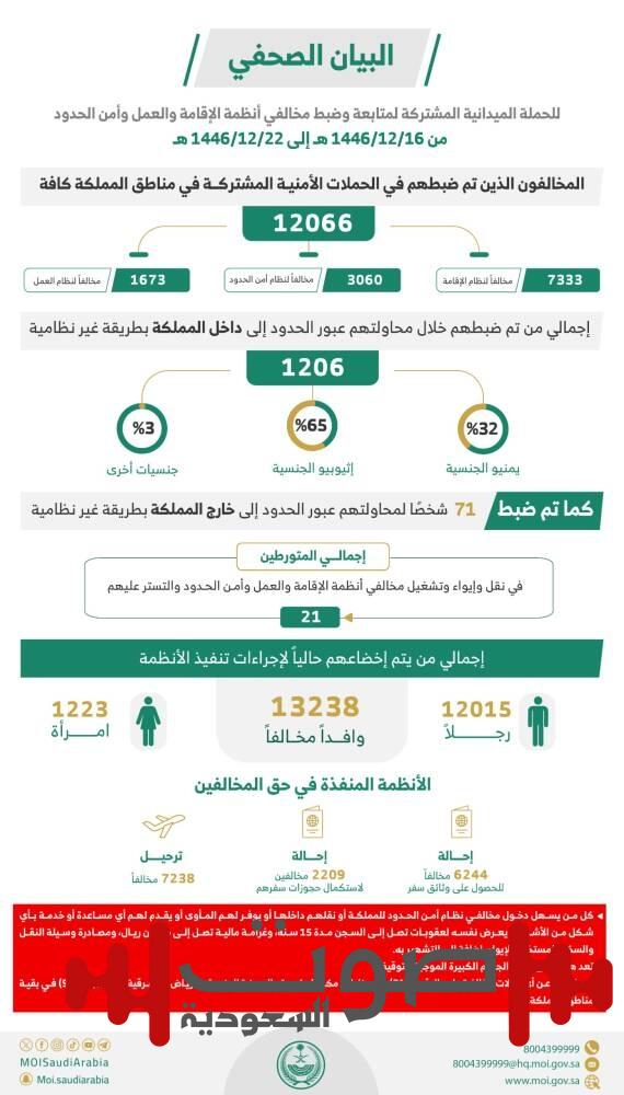 «الداخلية»: ضبط 12,066 مخالفاً لأنظمة الإقامة والعمل وأمن الحدود في أسبوع